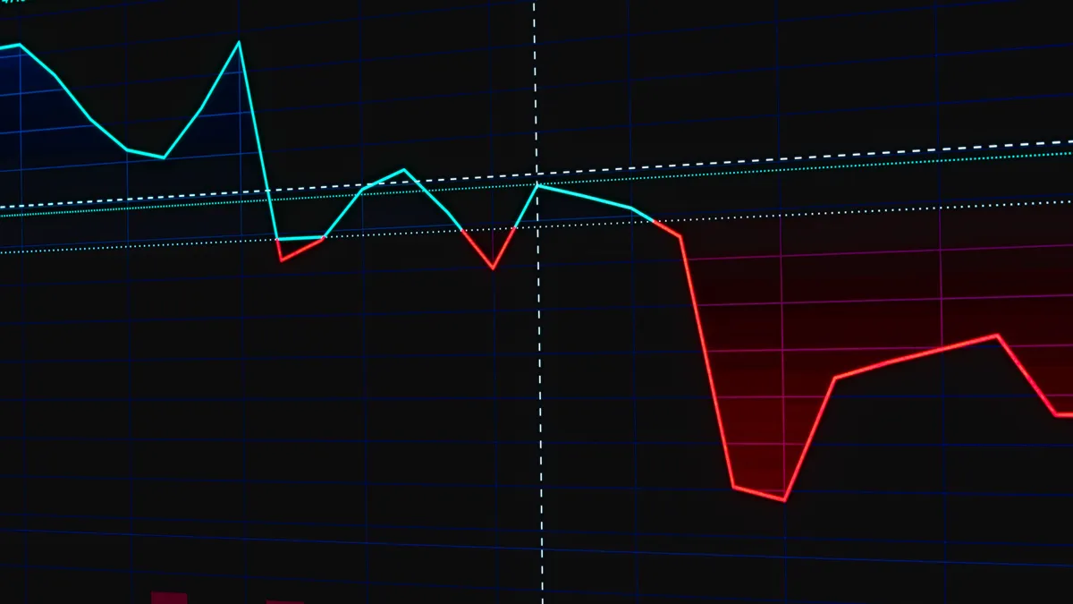 Visual representation of a fluctuating stock market chart with red and green lines.
